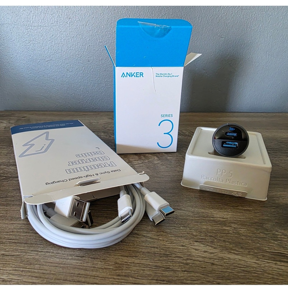 Anker 323 Car Charger 52.5W Dual Port USB-C USB-A Black with White USB-C Cable